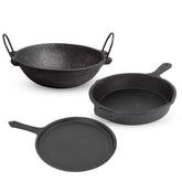 Pre-Seasoned Black Cast Iron Cookware Set - Kadai 24.7 Cm, 2 Liters + Tawa 26 Cm + Fry Pan 25 Cm, 1.6 Liters | Kitchen Cooking Combo Pots & Pans Set Of 3 Pcs - Naturally Nonstick